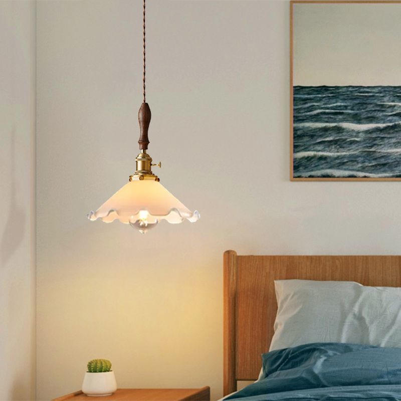 Farmhouse Scalloped Pendant Lamp 1 Light White Glass Hanging Light Fixture in Brass