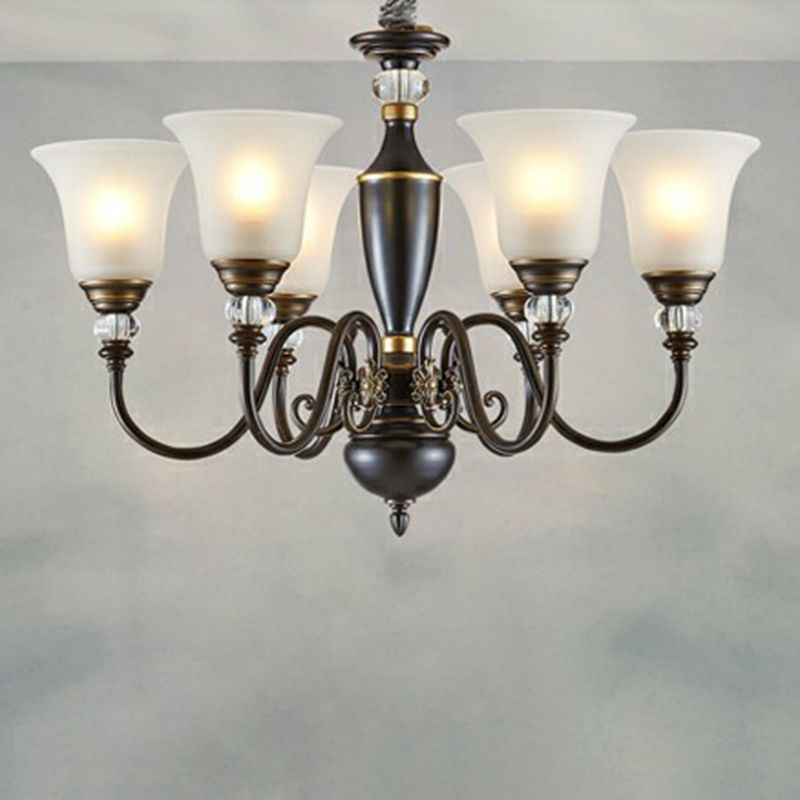 Black Curved Chandelier Pendant Light Vintage Iron Living Room Hanging Light with Bell Opal Glass Shade