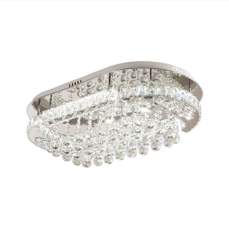 Stainless-Steel LED Light Fixture Contemporary Clear Cut Crystal Blocks Oval Semi Flush with Ball Droplets