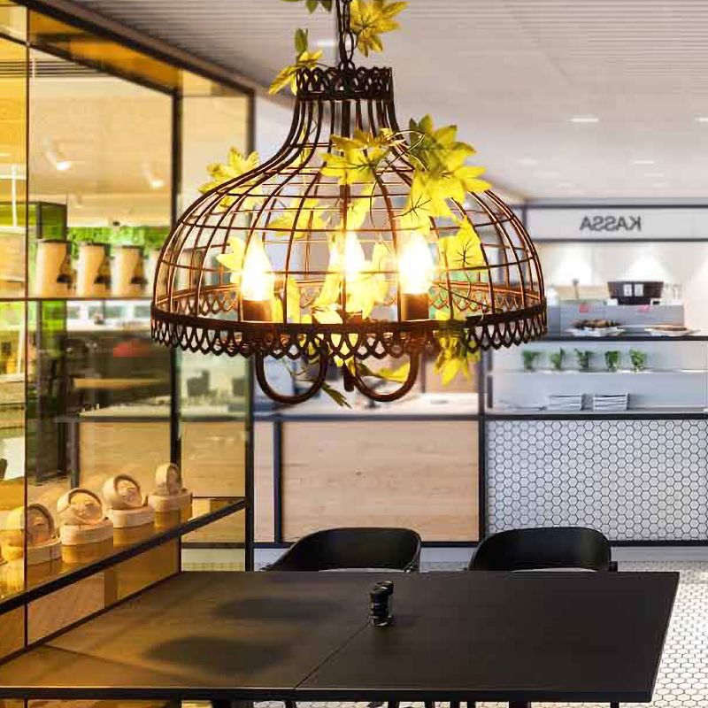 Metal Dome Ceiling Pendant Light Industrial 3 Heads Restaurant Hanging Chandelier with Flower Decoration in Black