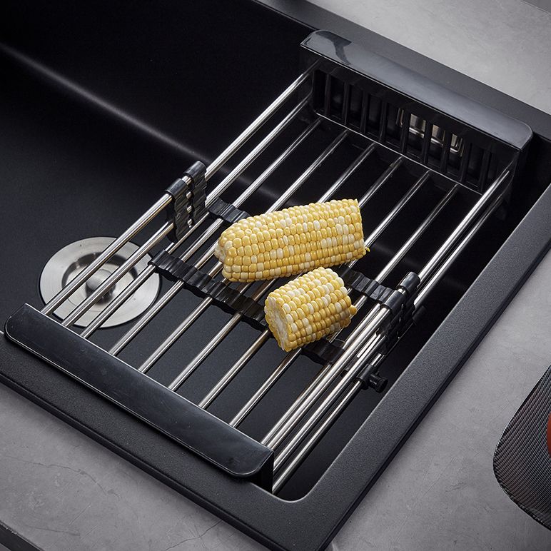 Black Quartz Kitchen Sink Drop-In Single Bowl Sink with Basket Strainer