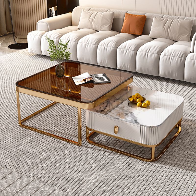 Glam Coffee Table Set Slate 2-Piece Coffee Cocktail Table with Drawer