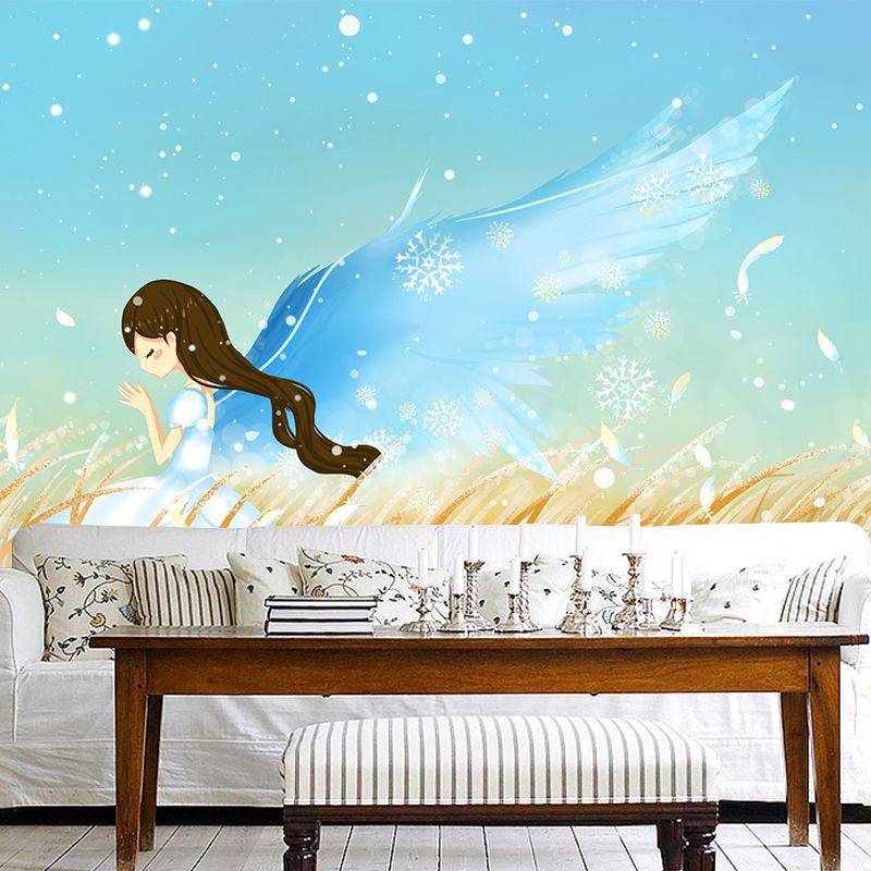 Full-Size Frost Day Mural for Bedroom Angel in Wheat Field Wall Art in Blue, Stain Resistant