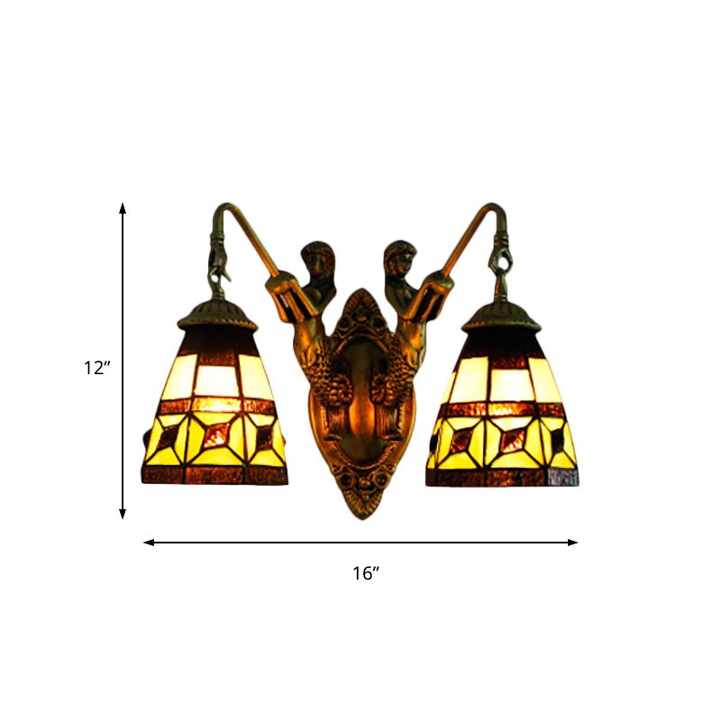 Cone Beige Glass Wall Light Fixture Tiffany 2 Heads Antique Brass Sconce Lighting