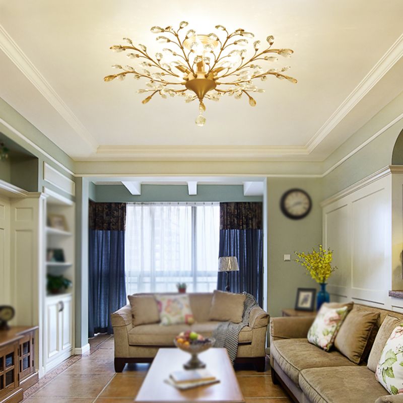 Unique Shape Crystal Flush Light Modern Style Multi Lights Flush Mount Fixture in Brass