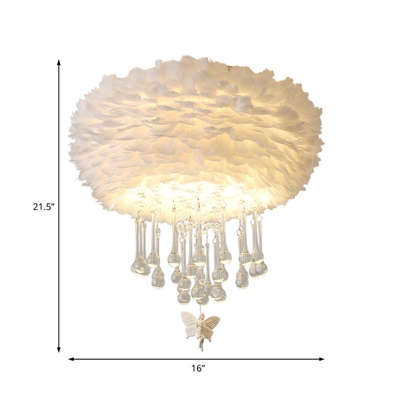 Nordic Cloud Flush Light White/Pink/Black Feather 2/3/4 Lights Bedroom Ceiling Lamp with Crystal Drop, 16"/19.5"/23.5" W
