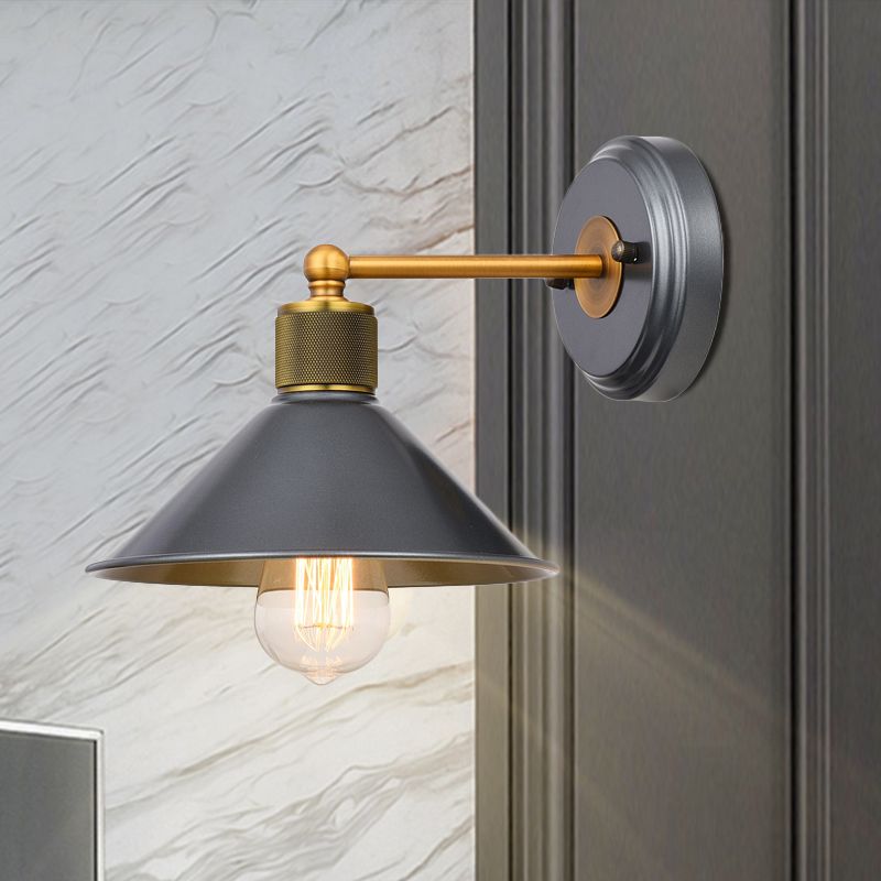 Cone Shade Wall Mounted Lamp Vintage Style Metal 1 Bulb Black and Gold Wall Sconce Lighting