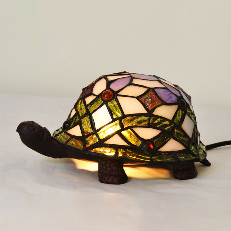 Baroque Turtle Shaped Night Lamp 1-Light Handcrafted Stained Glass Table Lighting in White