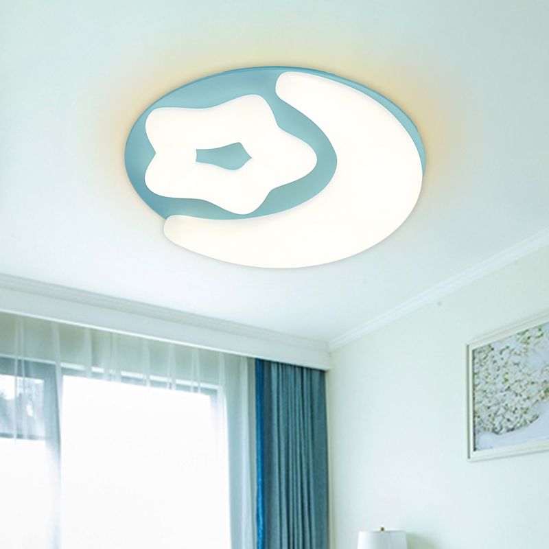 Minimalism Moon and Star Acrylic Flush Mount LED Close to Ceiling Lighting in Pink/Green/Grey for Bedroom