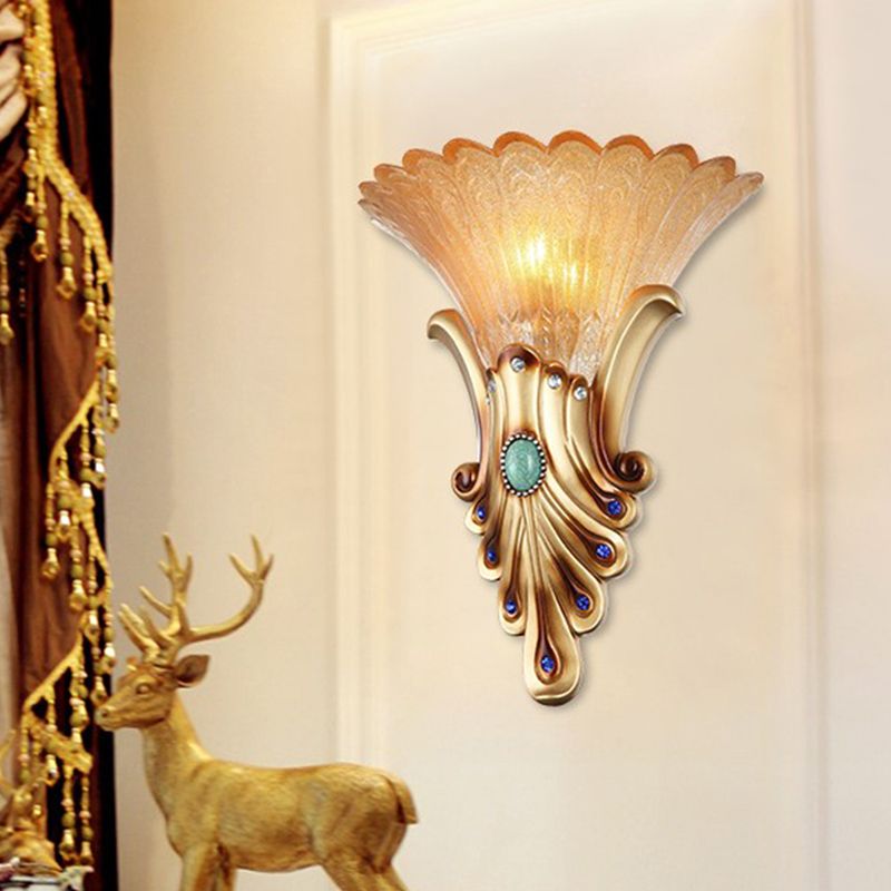 10 "/ 13" de large Gol à 1 Light Flush Colonialisme Colonial Grosted Verre Évasé mural luminaire pour chambre à coucher