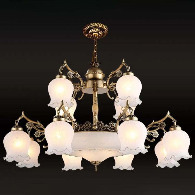 Bronze 15 Lights Chandelier Rural Opal Glass Tiered Flowerbud Shaped Drop Lamp for Restaurant