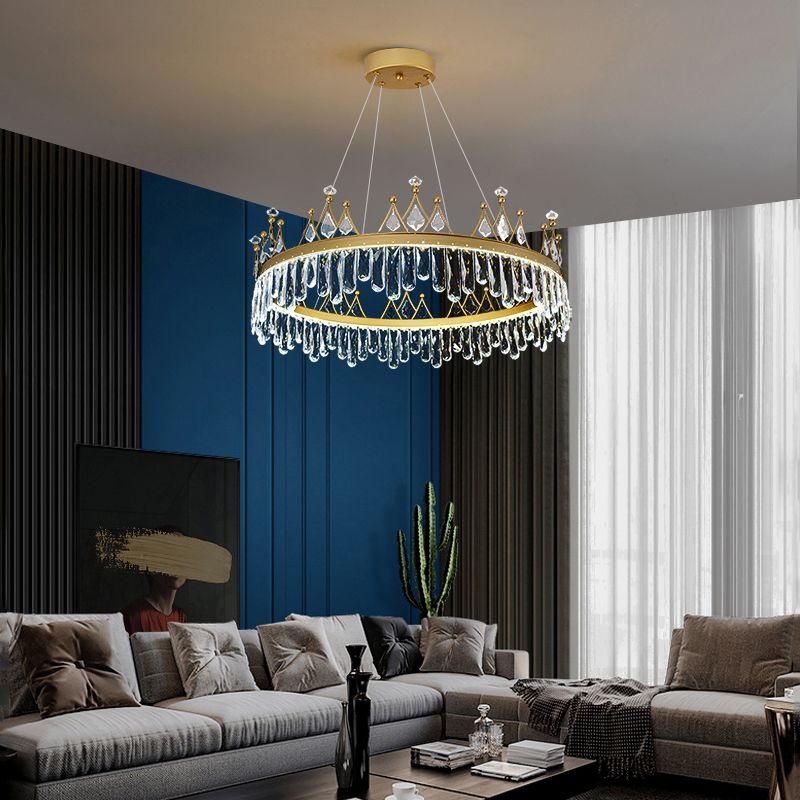 Contemporary Crown Chandelier Lights Crystal Pendant Ceiling Lights for Living Room