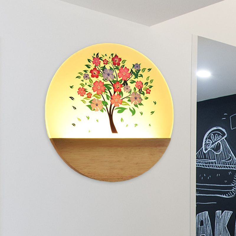 Nordic LED Wall Light Wood Tree and Animal/Flowering Tree Print Mural Light Fixture with Acrylic Shade
