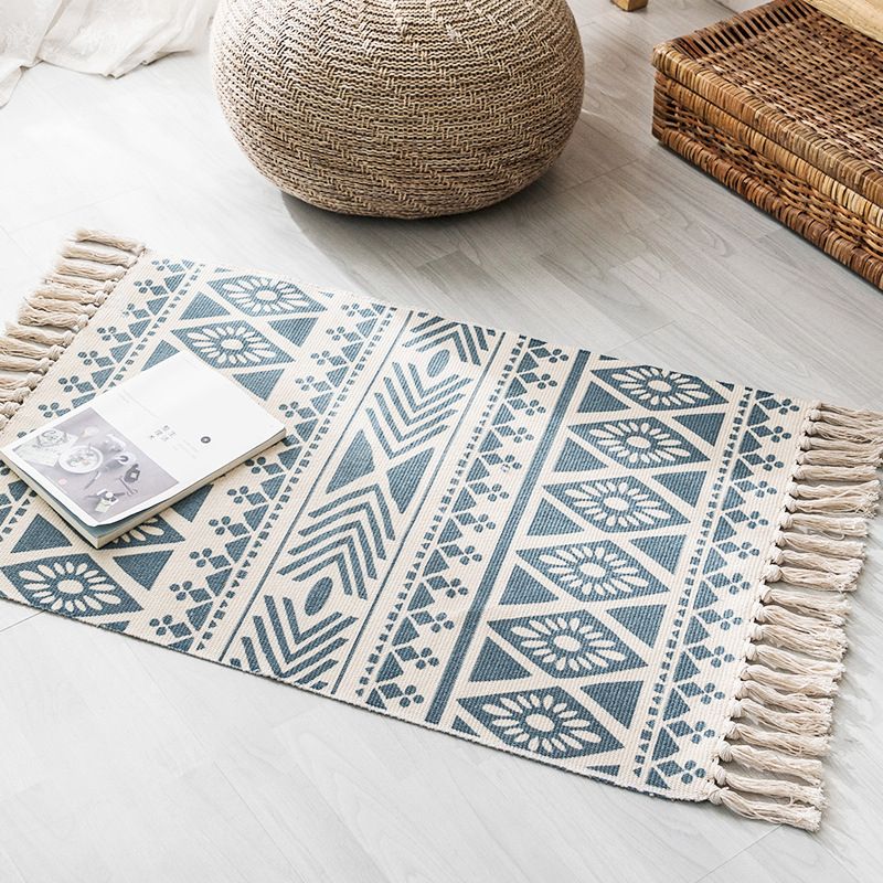 Boho Chic Bedroom Rug Multi-Color Geometric Pattern Rug Cotton Machine Wash Carpet with Tassel Fringe