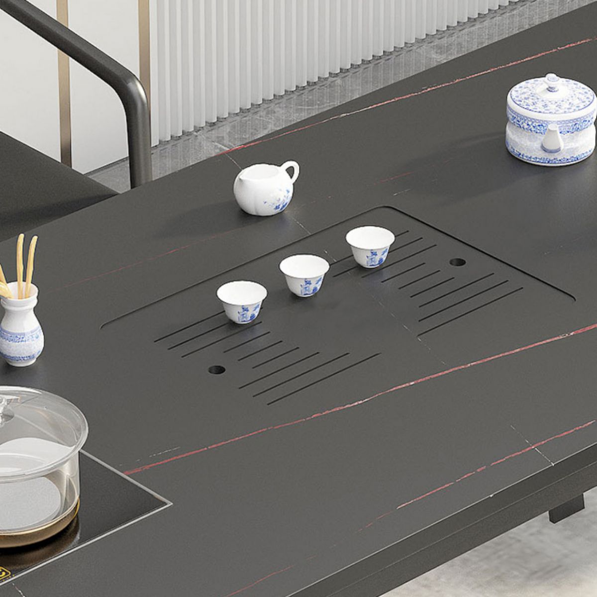 Mesa de comedor con encimera rectangular y tapa de piedra moderna con pedestal doble de metal