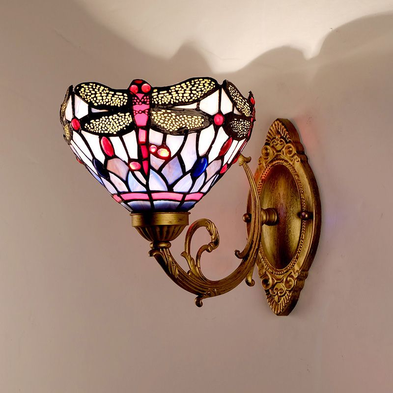 Brass Dragonfly Wall Mount Lamp Tiffany 1 Light Hand Cut Glass Sconce Light with Curving Arm
