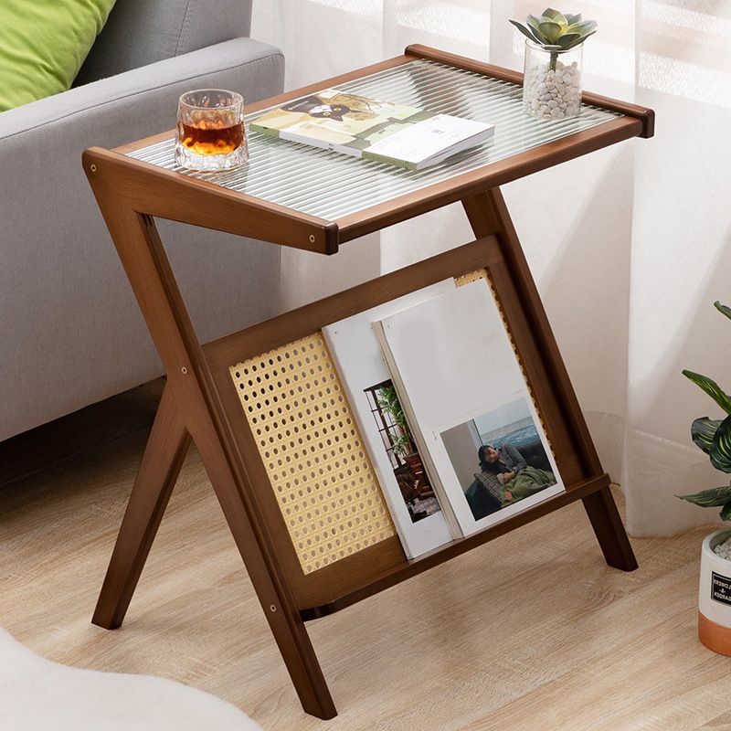 21.6" Tall Modern Rectangular Glass Top Side Table Wood Abstract End Table with Shelf