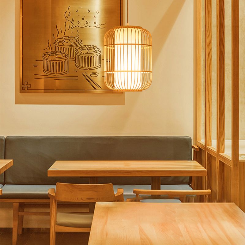 Birdcage Suspension Lighting Minimalist Bamboo 1 Head Restaurant Pendant Ceiling Light in Wood
