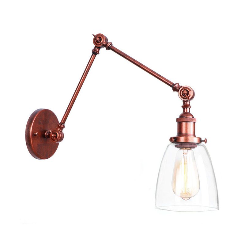 1 Head Swing Arm Wall Light Industrial Conical/Global/Bell Clear Glass Wall Mount Reading Lamp in Chrome/Rust