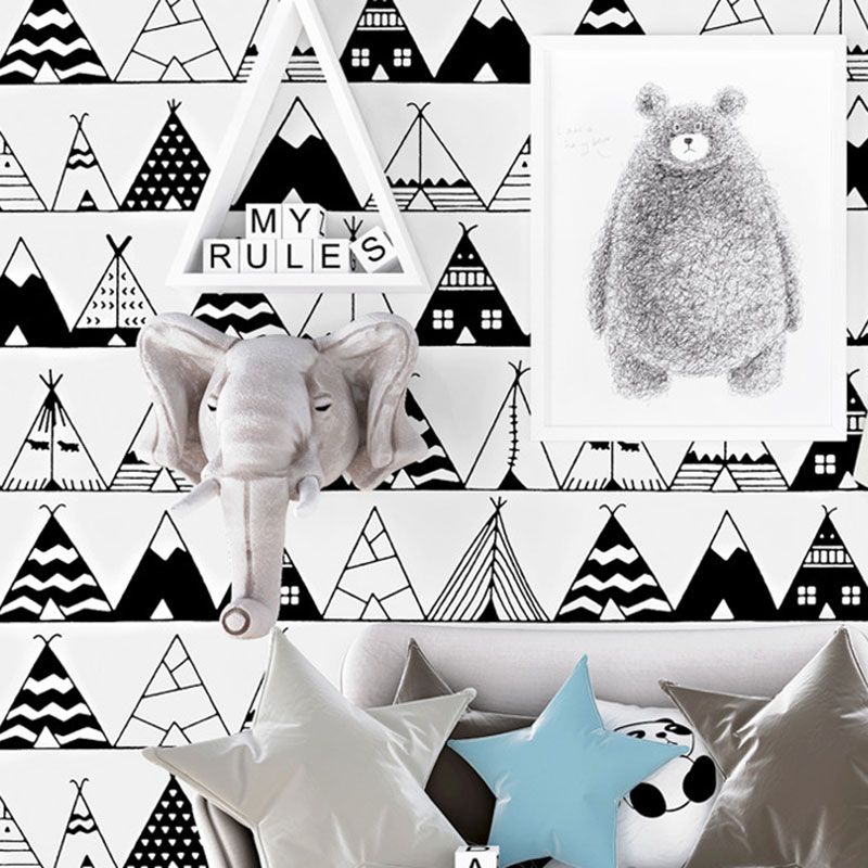 33' x 20.5" Triangle Wallpaper for Living Room Decoration Geometries Wall Covering in Black and White, Water-Resistant
