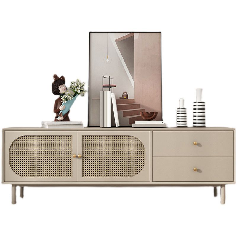 Solid Wood Glass/Rattan Door Cabinet Mid Century Beige Chest with Drawers