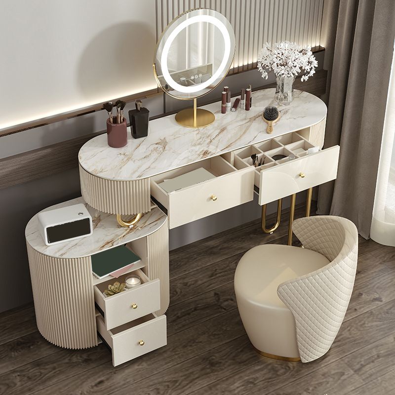 Luxurious Stone Vanity Table with Drawers 30.7" H Makeup Dressing Table Stool Set in Beige