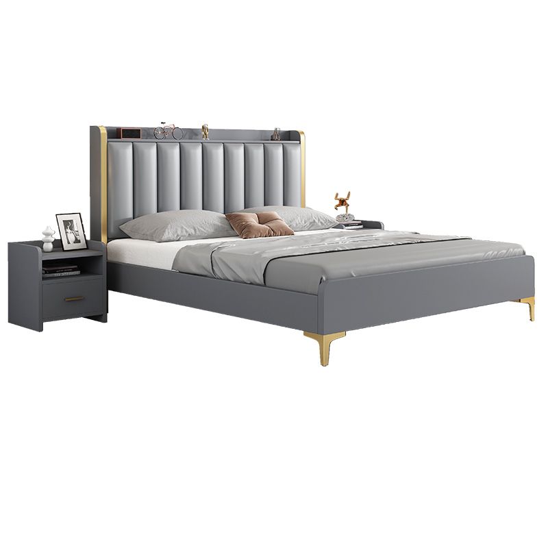 Modern Solid Wood Standard Bed Headboard Bed Frame with Golden Legs