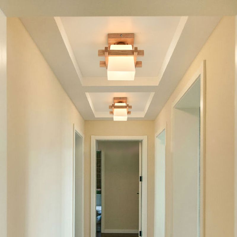 Lampada da soffitto trapezoidale per corridoio Lampada da incasso moderna a 1 testa in vetro bianco in legno
