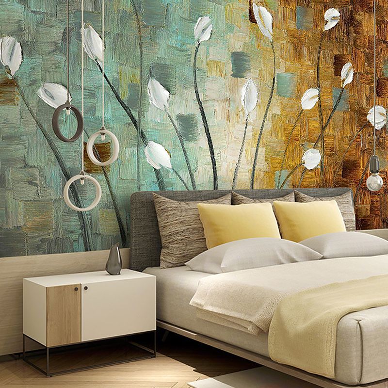 Giant European Mural Wallpaper Blue and Brown Calla Wall Art, Made to Measure