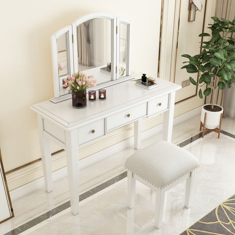 Traditional 3-Drawer Wood Dressing Table with Mirror Makeup Vanity Stool