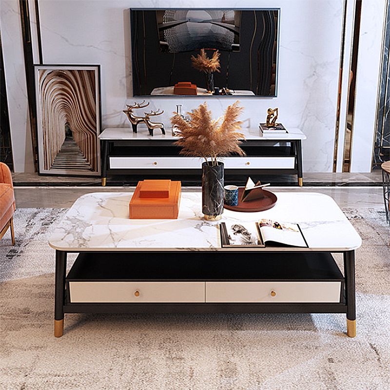 2 - Drawer and 1 - Shelf Coffee Table Rectangular Slate 4 Legs Cocktail Table