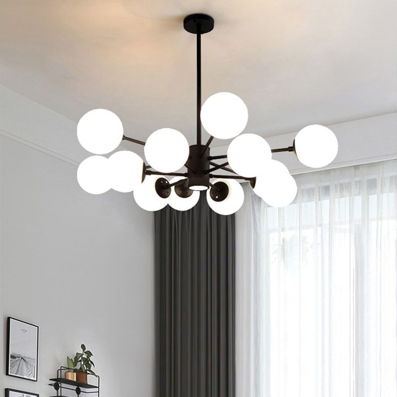 Nordic Globe Chandelier Black Multi Light Hanging Light with White Glass for Bedroom