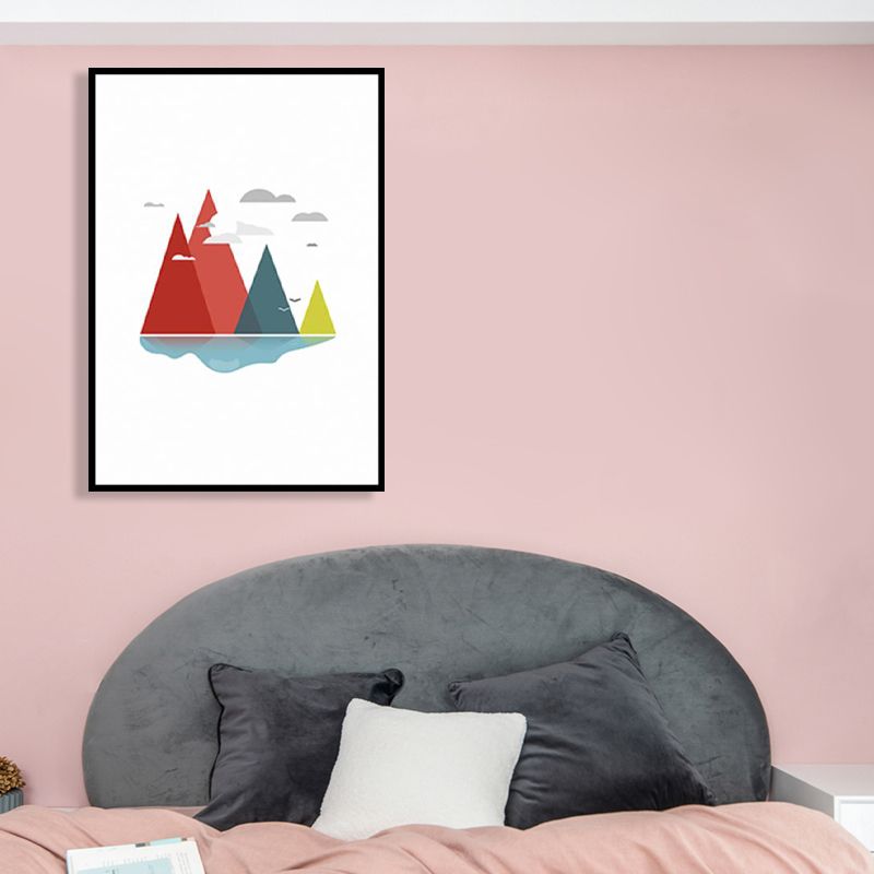 River Mountains Landscape Canvas Kids Textured Living Room Wall Art in Red and White