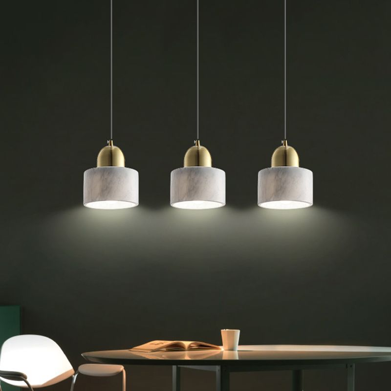 1-Light Bedside Hanging Lamp Minimalist White Pendant Light with Drum Marble Shade and Gold Dome Top