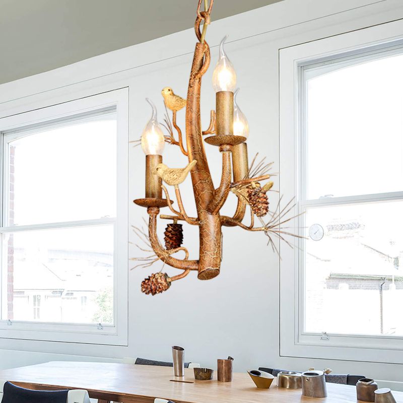 Candle Dining Room Ceiling Chandelier Rustic Metal 3/5 Lights Wood Hanging Fixture with Branch and Birds