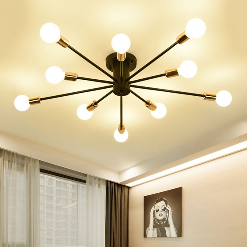 6/8 Heads Bare Bulb Semi Flush Mount Light Vintage Style Black/White Metallic Ceiling Light Fixture for Kitchen