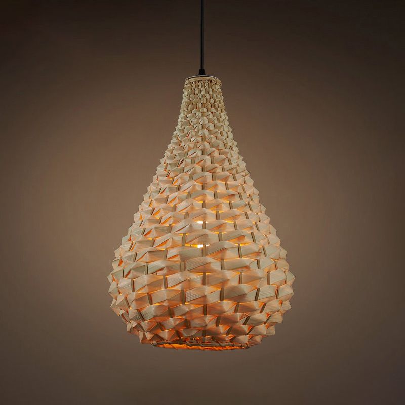 Gourd Pendant Lighting Japanese Bamboo 1 Head Beige Hanging Ceiling Light, 8.5"/14" Wide