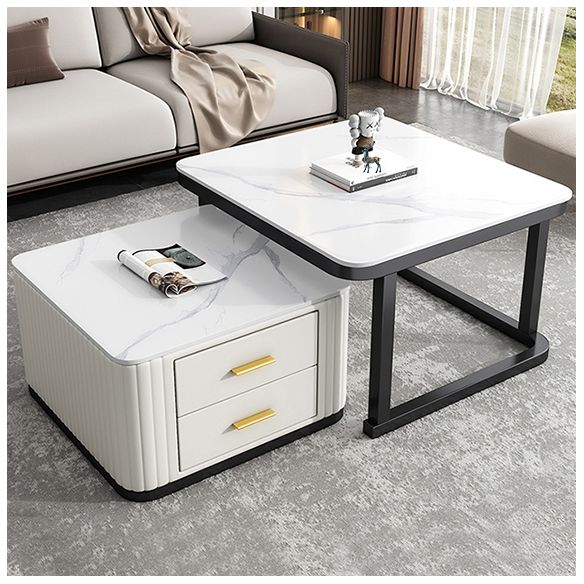 Modern Square Stone Coffee Table with Drawers 2 Nesting Cocktail Table Set