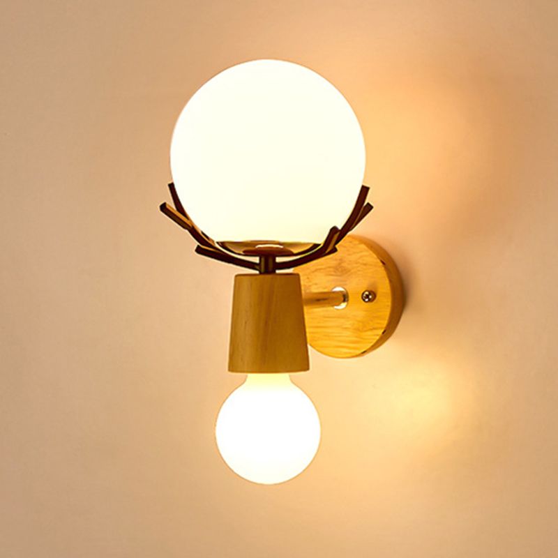 Wooden Wall Lamp in Modern Minimalist Style White Glass Wall Sconce with Antler Decoration