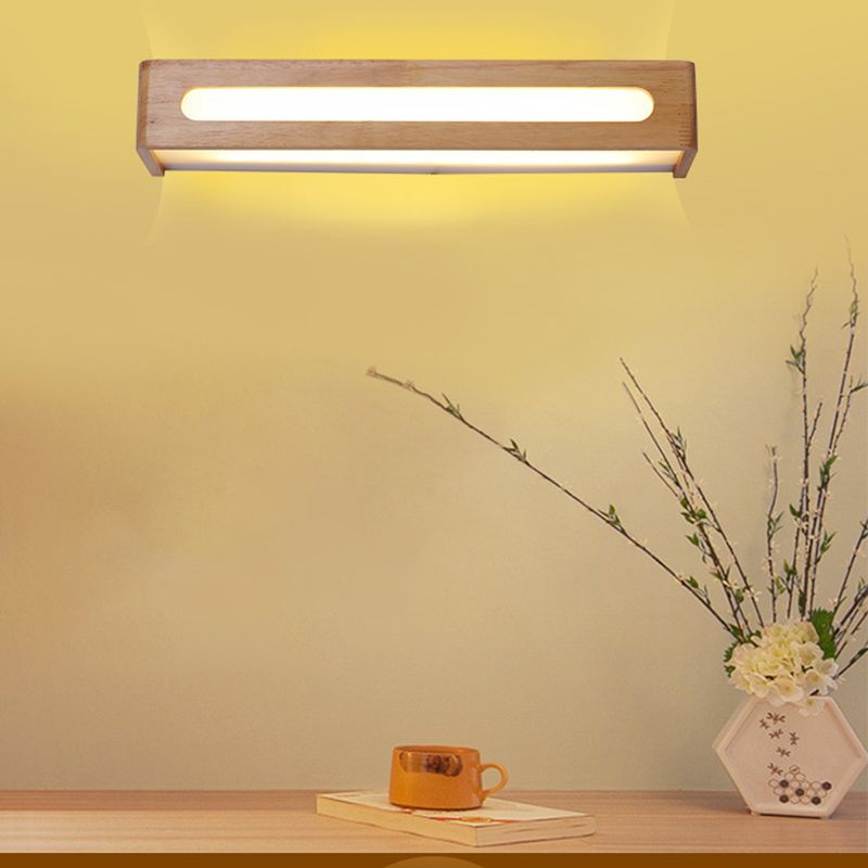 Square Shape Wood Wall Sconce Modern Style 1-Light Mirror Wall Light Fixtures in Brown