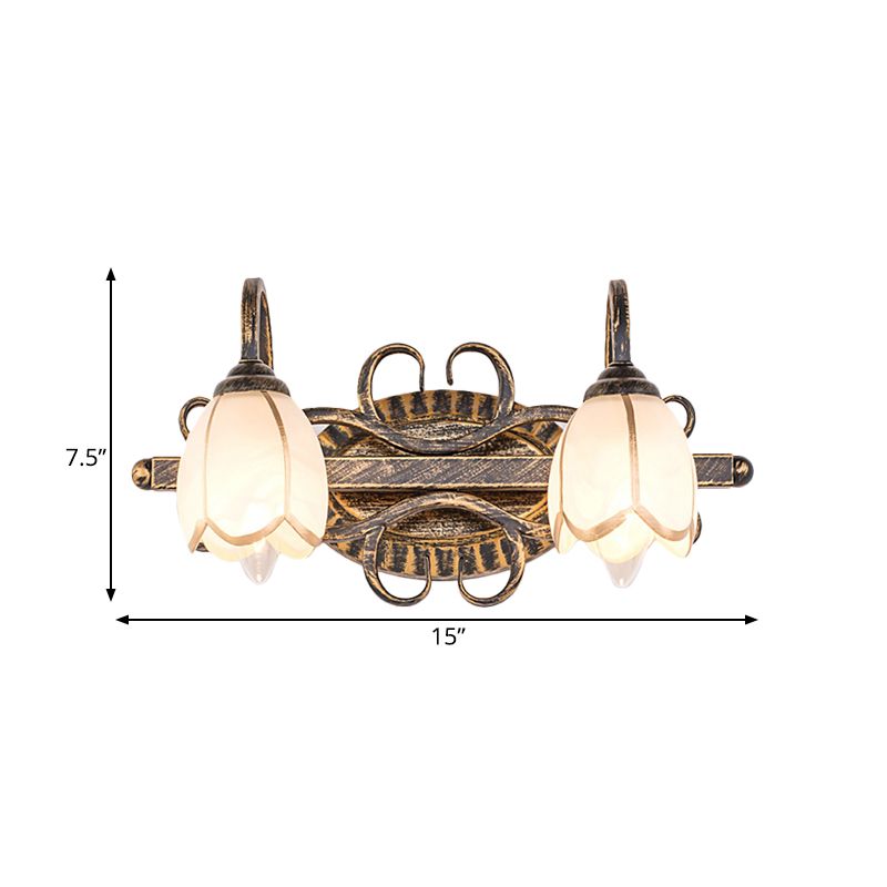 2/3 Lights Frosted Glass Vanity Light Fixture Traditional Antique Brass Flower Shape Bathroom Lighting Fixture