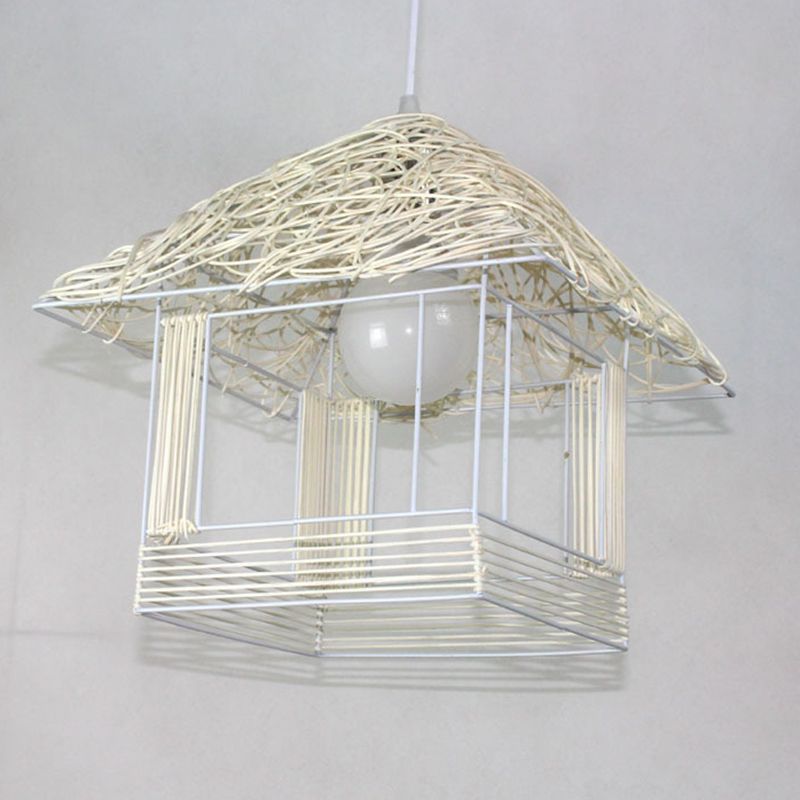 Rattan Weaving House Shaped Pendant Light Single Light Asian Style Bedroom Decorative Hanging Light with 39" Adjustable Cord