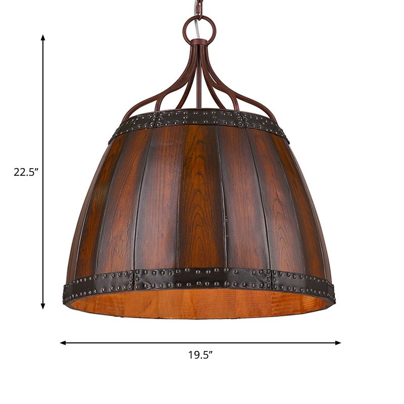 Brown Wine Drum Pendant Light Fixture Rustic Wood 4 Bulbs Living Room Chandelier Lamp