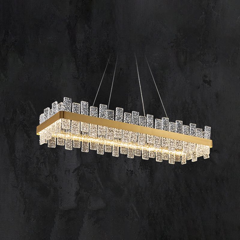 Illuminazione dell'isola rettangolare cristallina increspata luce a led oro minimalista per cena