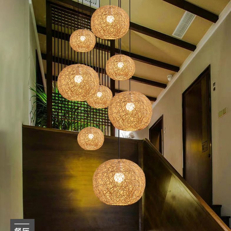 Restaurant Pendant Light Kit Asia Style Beige Hanging Ceiling Light with Globe Rattan Shade