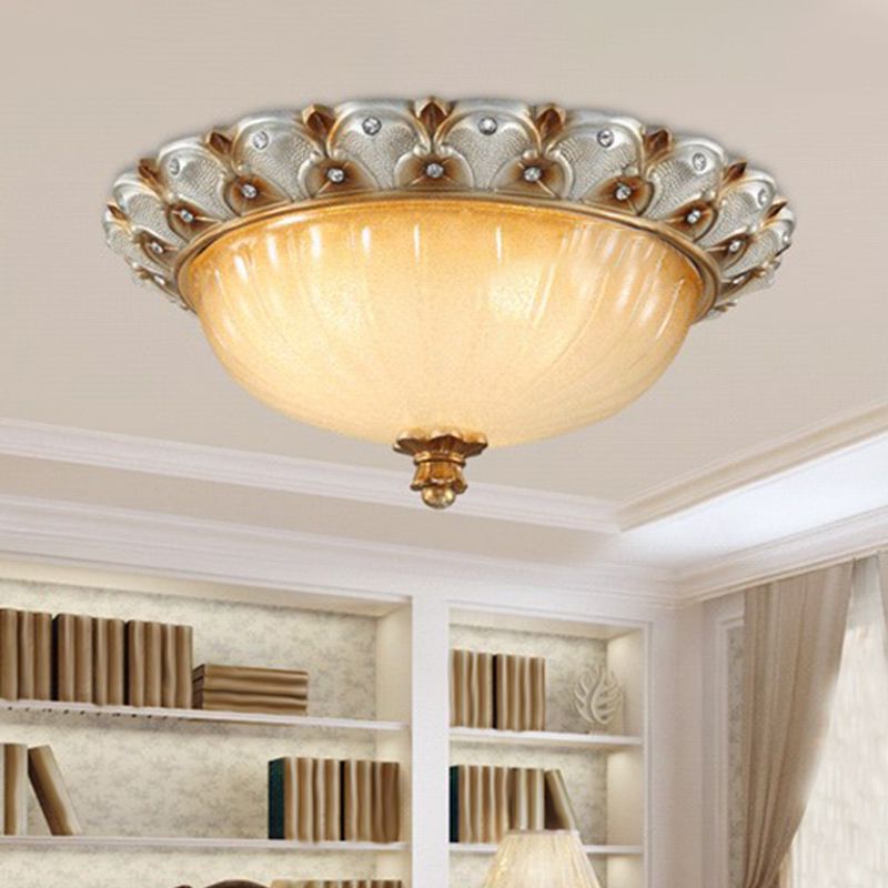 Domed Living Room Ceiling Lighting Farmhouse Ribbed Glass 16"/19.5" Wide 3 Bulbs Beige Flush Mount Light Fixture