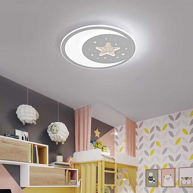 Starry Moon Night Nursery Ceiling Light Acrylic Kids LED Flush Mount Light Fixture in White