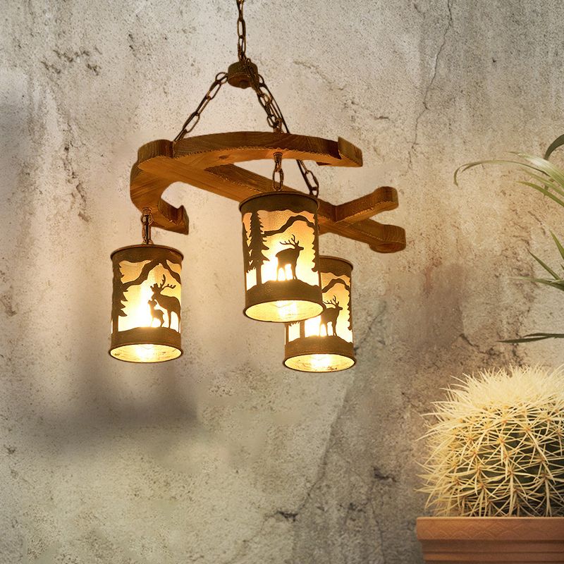 Cylinder Living Room Chandelier Rustic Wood 3 Lights Brown Hanging Fixture with Anchor Accents