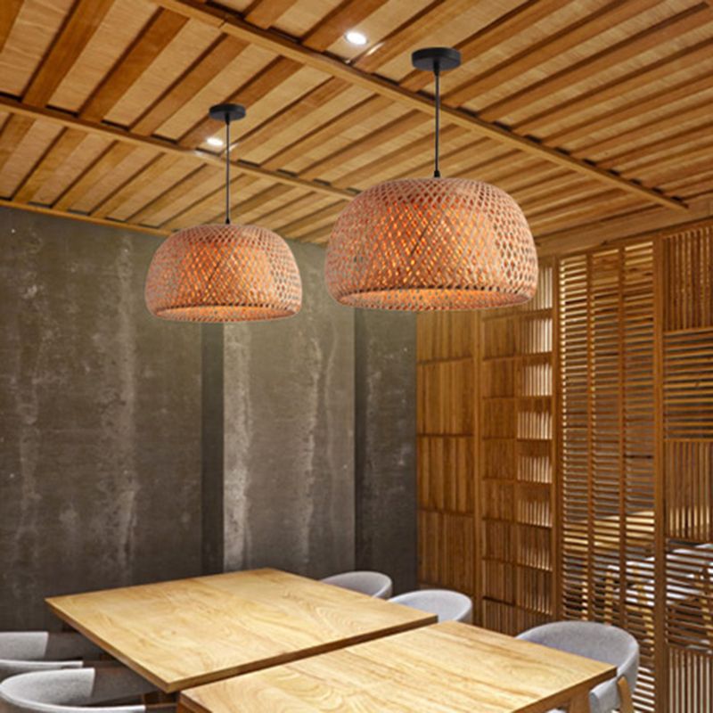 12“/15”/18“ Wide Domed Shaped Pendant Lighting Fixture Bamboo 1 Light Living Room Hanging Lamp Kit in Beige
