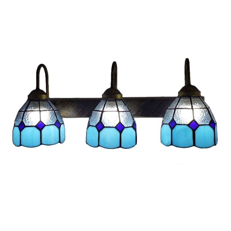 Mediterranean Dome Wall Light Fixture 3 Heads Blue Dimple Glass Sconce Lighting for Bathroom